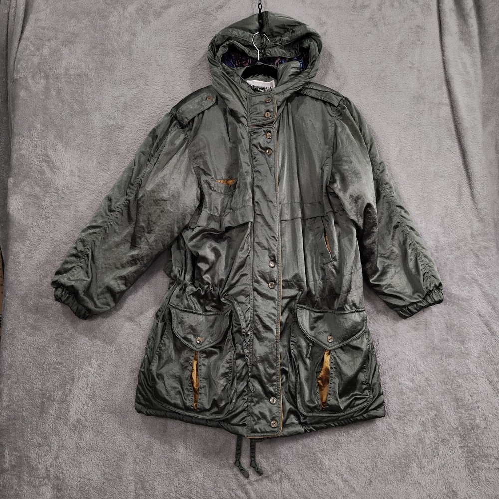 Vintage, Braefair Metallic‎ Green Hooded Puffer Jacket Sz medium Parka Pockets